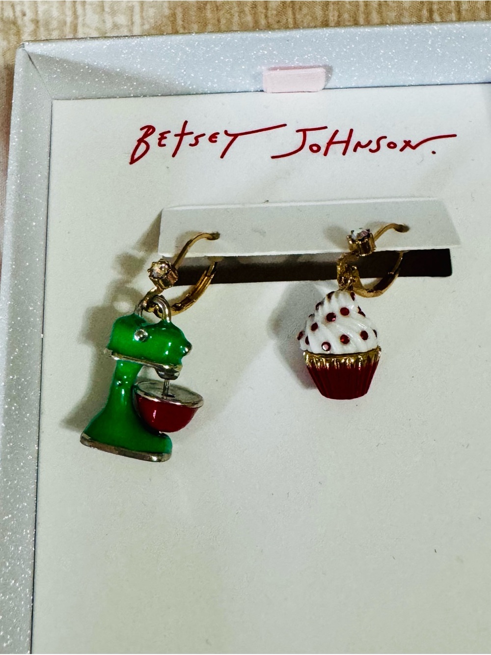 Betsey Johnson Green Mixer & Red Cupcake Drop Earrings